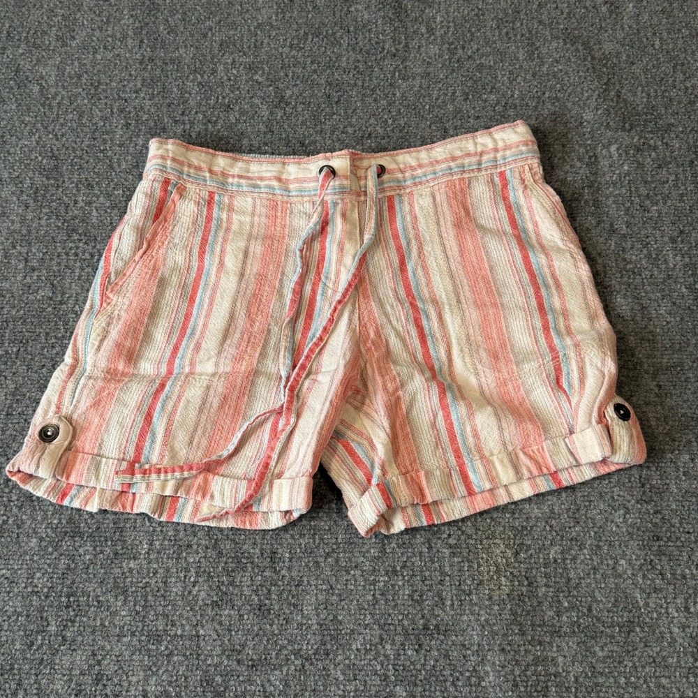 Per Se Linen Blend Striped Shorts Womens Small Coral Blue Cuffed Drawstring